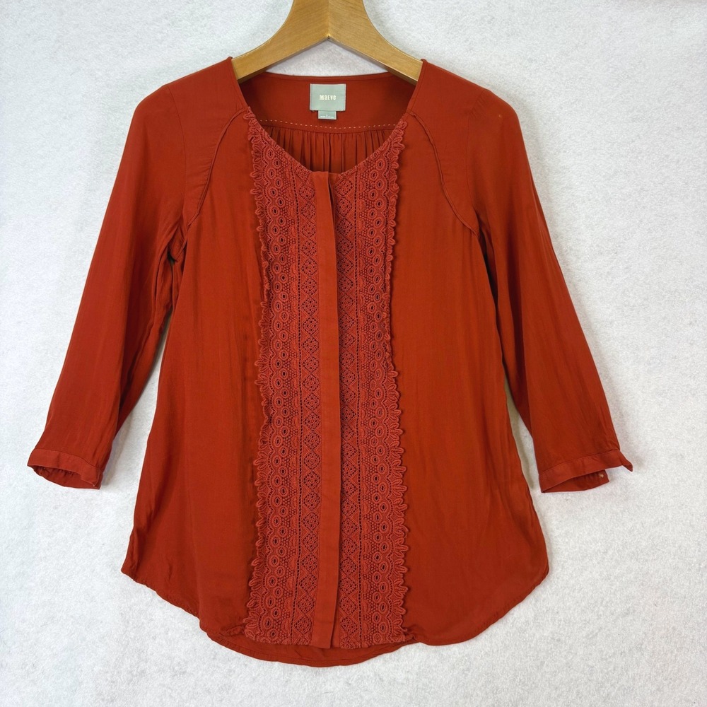 Maeve Lace Trim Hidden Button Rust Orange Blouse Women 4 Boho Cottagecore